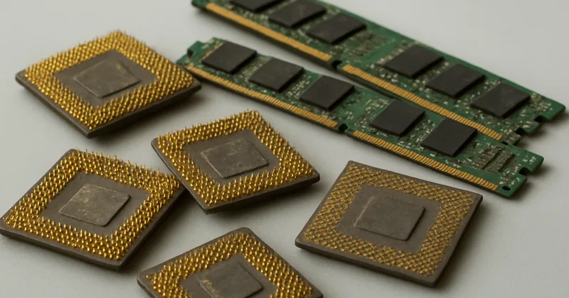 ضایعات CPU سرامیکی با پین های طلایی و رم های کامپیوتر